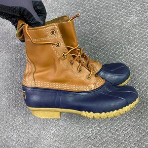 LL Bean 8" Bean Boots Women's 7 W Leather Rubber Duck Tan Navy 212880 Made USA